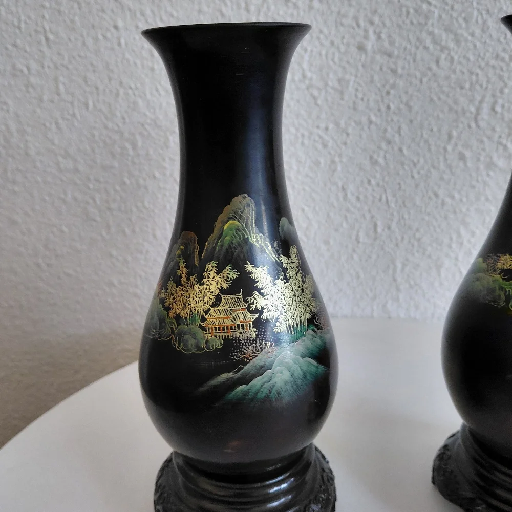 Antique Chinese Foochow Fuzhou Hand Painted Black Lacquered Wood 2 Vases.